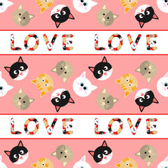 Obraz premium Cute cats pattern with love text, pink background