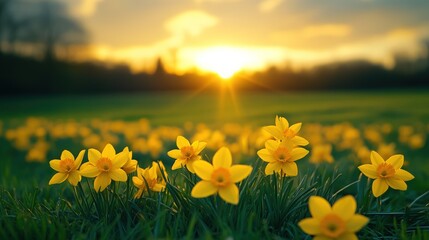 Yellow daffodils blooming in green meadow, basking in warm glow of sunset