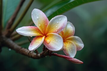 Fototapeta premium Frangipani blossom post rain also known as Plumeria or Temple Tree