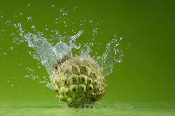 Fresh custard apple fruit on a green background with splashing water