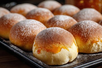 Freshly made sugar dusted rolls filled with apricot jam on a baking tray