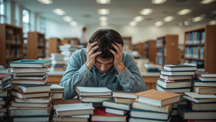 Stressed student surrounded by stacks of books in a library, holding head in frustration while studying