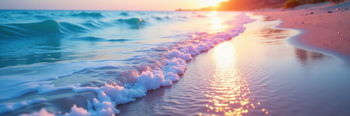 Gentle waves roll onto the shore as the sun sets, casting warm hues over the tranquil beach.