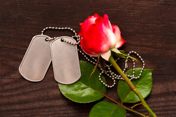 A red and white rose on a dark wooden background with two shiny soldier badges (army tags). The...