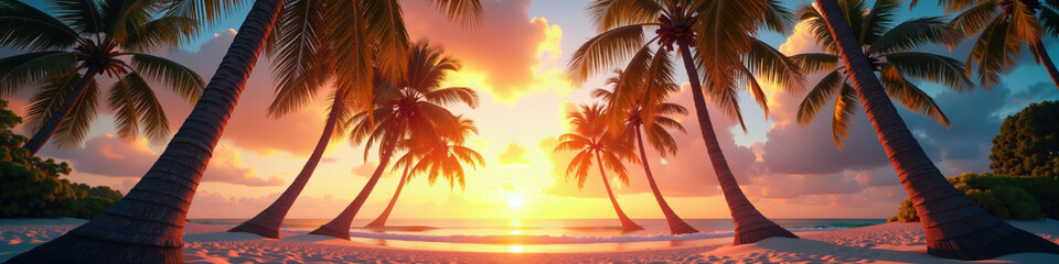 A serene tropical beach with palm trees silhouetted against a vibrant sunset over the ocean.
