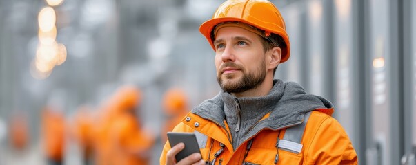 Battery Charging Safety Concept. A construction worker in an orange safety jacket and helmet holds a smartphone, looking focused at a worksite with blurred workers in the background.