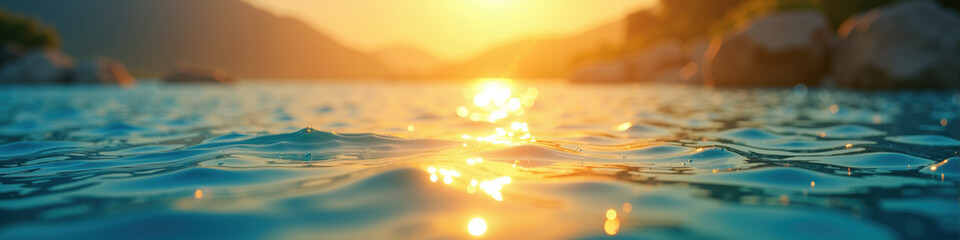 A serene sunset reflecting off tranquil water, with soft waves and a distant mountain landscape.