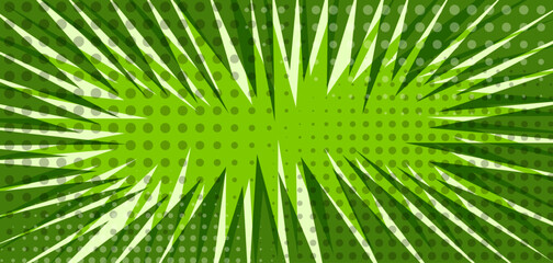 Abstract bright rainforest green halftone dotted retro comic background with dots and triangle stripes. Fresh grass nature pop art print for comics poster, banner or presentation design