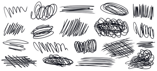 Doodle set of vector hand drawn black messy swirl lines, scribble strokes, squiggles, freehand curves for advertisement, mental struggling concept, chaotic way direction, strikethrough symbol