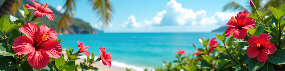 A serene beach with clear turquoise waters, lush greenery, and vibrant hibiscus flowers in the foreground.
