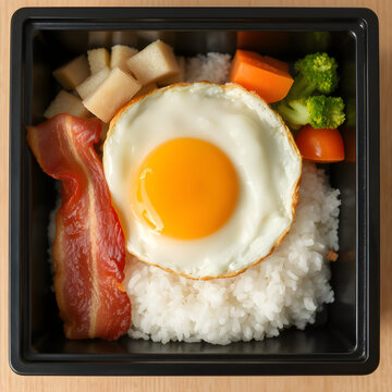 Bento japon&eacute;s con arroz, huevo frito y tocino crujiente