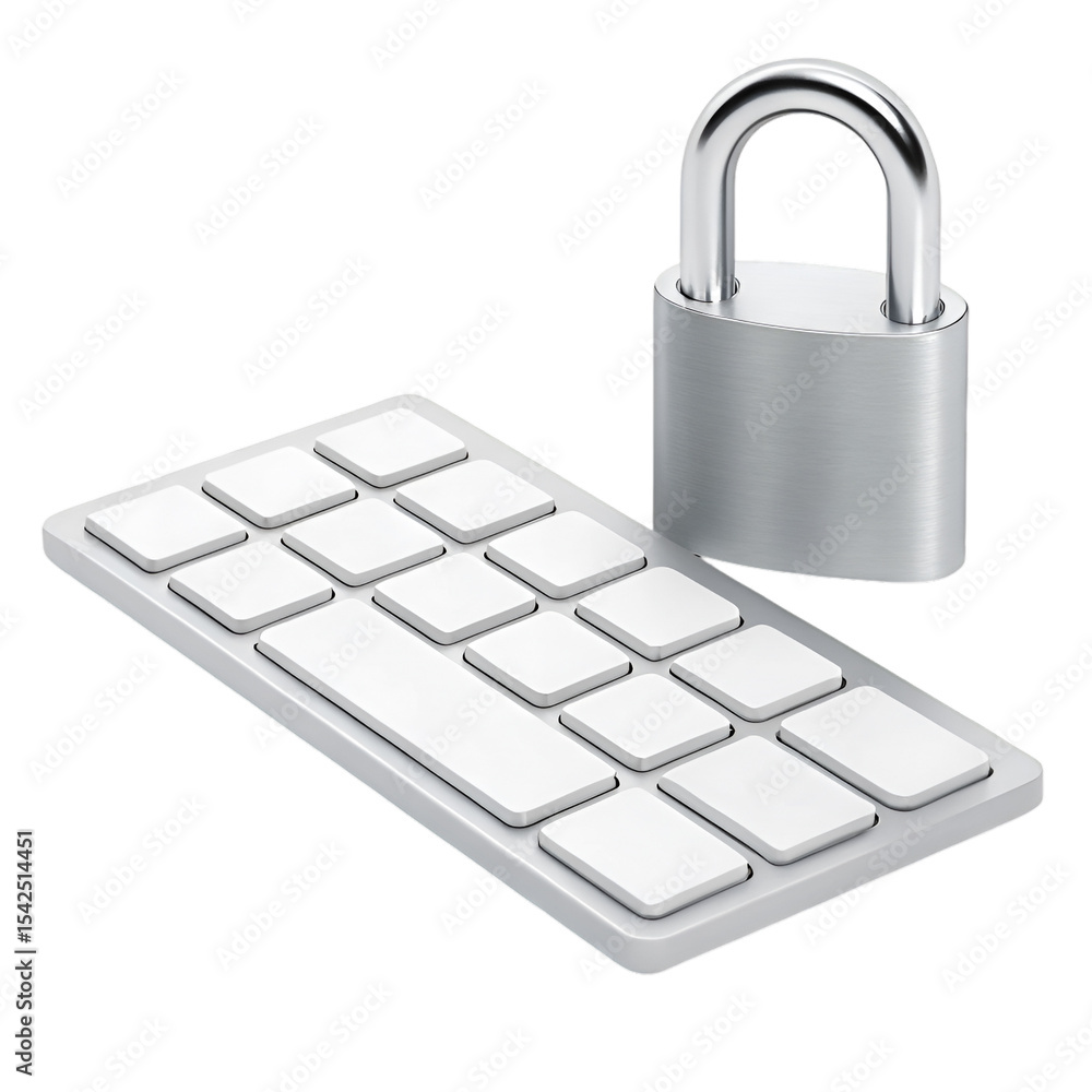 Poster silver padlock on numeric keypad isolated white background