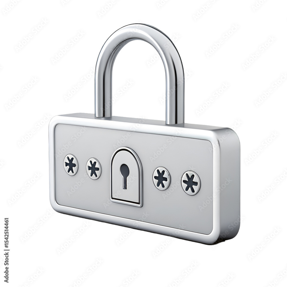 Poster silver padlock with four asterisk password buttons 3 d render