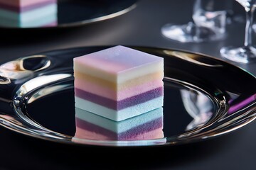 Rainbow Layers of Delight: A close-up shot of a precisely crafted, square-shaped dessert, a symphony of pastel colors and delicate textures that promise a blissful treat.