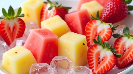 Watermelon and pineapple slices, strawberries, ice cubes, refreshing fruity summer background
