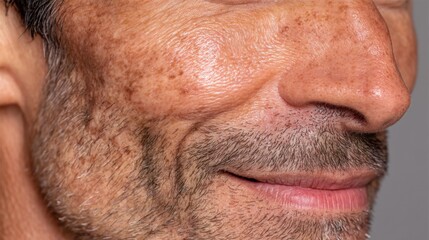 Obraz premium Close-Up of Mature Man Smiling with Textured Skin and Facial Hair, Natural Light Portrait