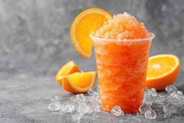 Single use plastic cup of orange slush made with natural juice and fruit ice Cool summer beverage on gray backdrop