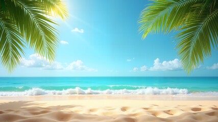 Fototapeta premium Sandy beach with palm branches on the sea background, summer tourism vacation, template for product presentation 