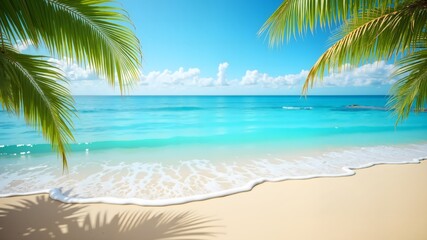 Obraz premium Sandy beach with palm branches on the sea background, summer tourism vacation, template for product presentation 