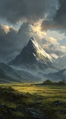 Obraz premium Fantasy mountain peak rising over golden meadows for phone wallpaper