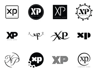 XP logo company template. Letter x and p logotype. Set different classic serif lettering and modern bold text with design elements. Initial font typography.