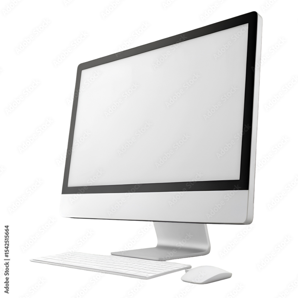 Poster silver desktop computer with white keyboard and mouse