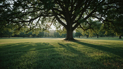 Fototapeta premium Majestic oak tree in a sunlit park casting long shadows on a green grassy field during a serene morning
