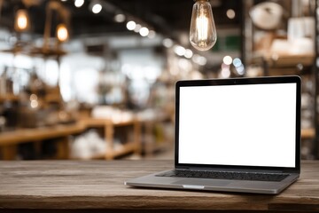 Contemporary laptop with a blank display on a table set against a blurred factory backdrop