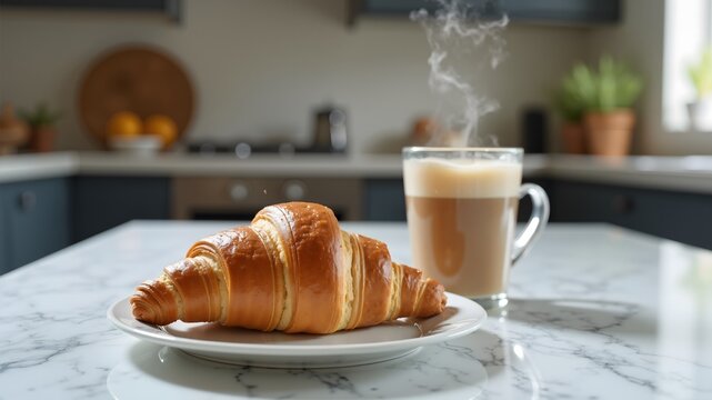 Fresh croissant lies on plate next to steaming cup of hot drink on marble table on home kitchen background, morning breakfast.
