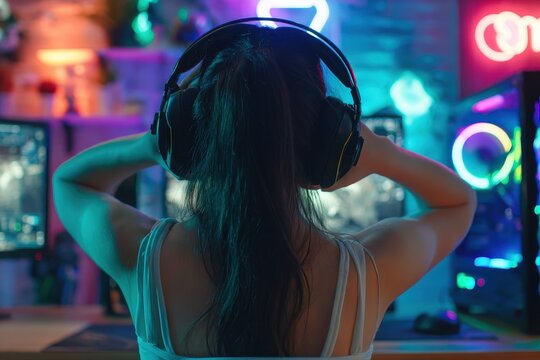 Rear view of a lovely gamer girl donning a headset and beginning an online game on her PC in a retro lit room with neon lights Charming casual geek
