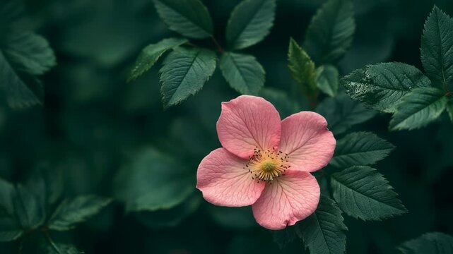 Close-up capturing the serene beauty of a pink dog rose amidst verdant foliage