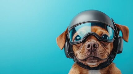 A charming dog is wearing a helmet and goggles, set against a bright blue background, combining a playful theme with a sense of adventure and fun.