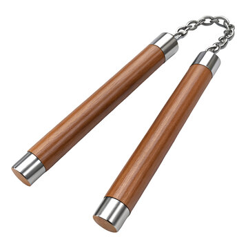 Brown Wooden Nunchaku with Silver Metal Caps and Chain