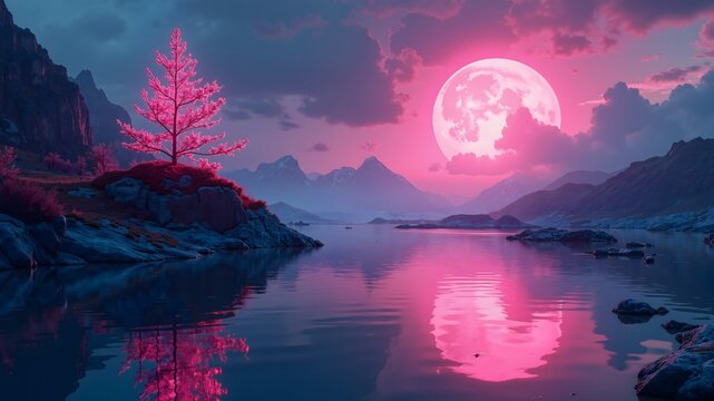 Surreal fantastic space landscape of the plant in bright neon glow in the reflection of the water surface
