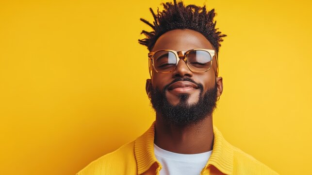 Confident man wearing stylish sunglasses and a yellow outfit, exuding a positive vibe and radiating self-assurance against a bright yellow background.