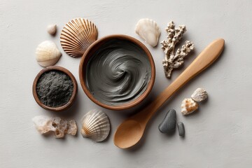 Dead Sea mud mask beauty ingredients on a light surface overhead view Flat lay concept