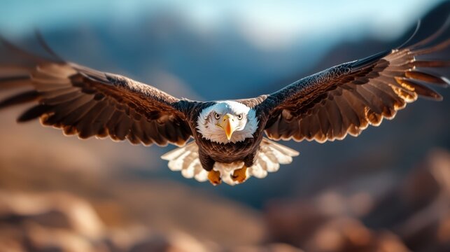A majestic bald eagle soaring through the air, showcasing its wingspan and fierce gaze, symbolizing freedom and the beauty of wildlife in motion.