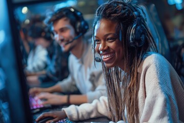Obraz premium Young African woman and male friend collaborate in an esports tournament at a gaming club