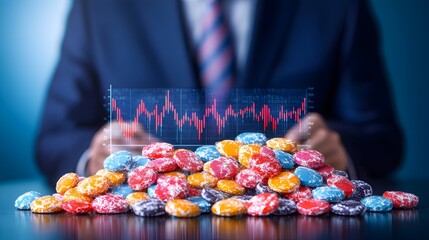 Businessman reviewing falling market graph, candy pile foreground