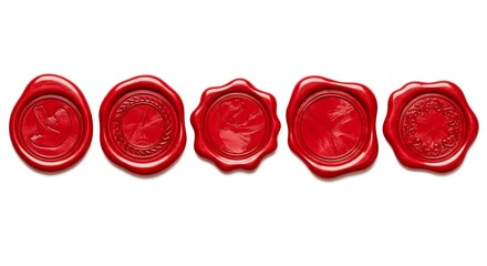 Five red wax seals in a row, each with a different design, against a white background.