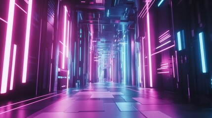 Futuristic neon corridor with vibrant pink and blue lights