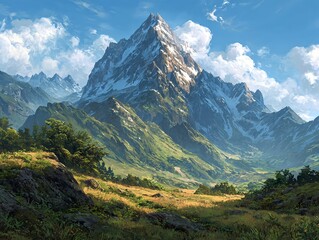 Fototapeta premium Radiant peak ascending in a dreamlike world of midsummer as warm breezes stir wildflowers and the horizon gleams