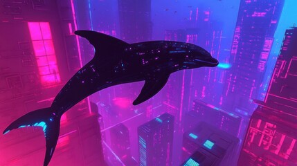 A stylized dolphin soars amidst a vibrant, neon-lit, futuristic city