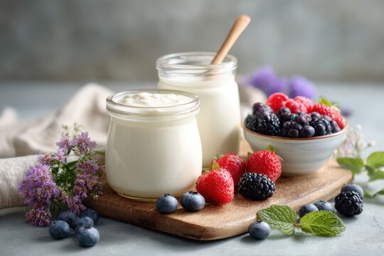 Dairy free yogurt kefir and fermented milk on a light backdrop Clean healthy diet Vegan or gluten free options