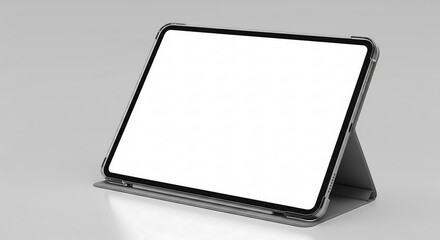 iPad mockup with a white screen, propped up by its case. The case is gray, and the iPad has a clear protective shell on the edges.