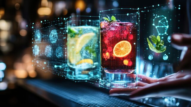 Bar tender creates drinks with holographic projections