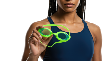 Bright Green Swimming Goggles Held by Swimmer in Blue Suit.