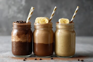 Three coffee mocha smoothies with paper straws breakfast drinks featuring coffee cocoa and bananas