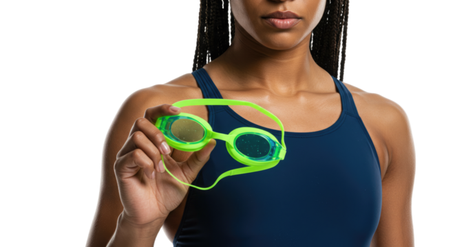 Bright Green Swimming Goggles Held by Swimmer in Blue Suit.