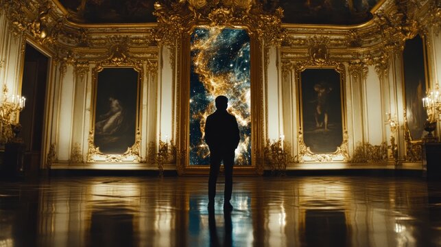 Silhouetted figure in grand hall, cosmic mural